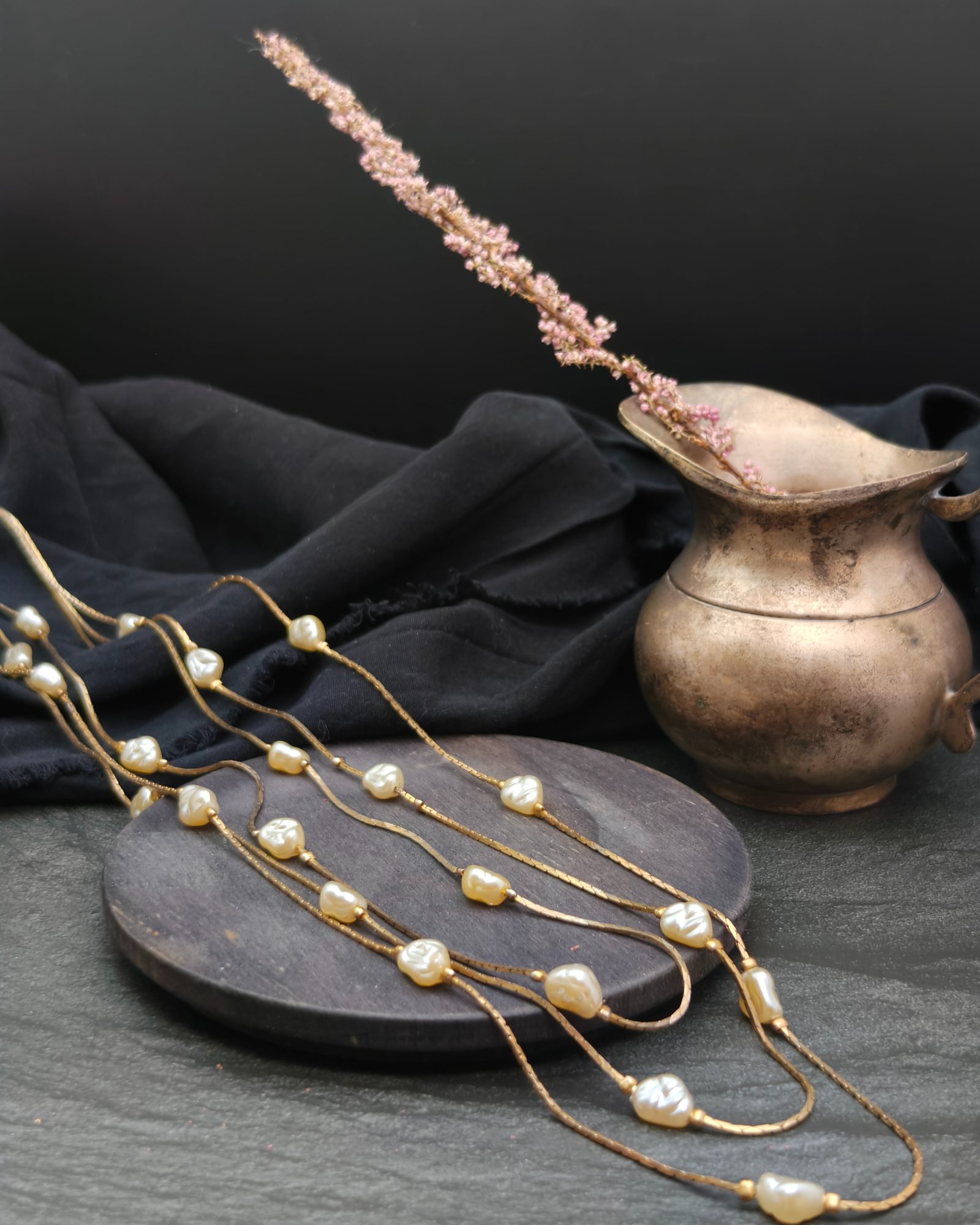 Golden multi-strand necklace with baroque pearls (alternate view)