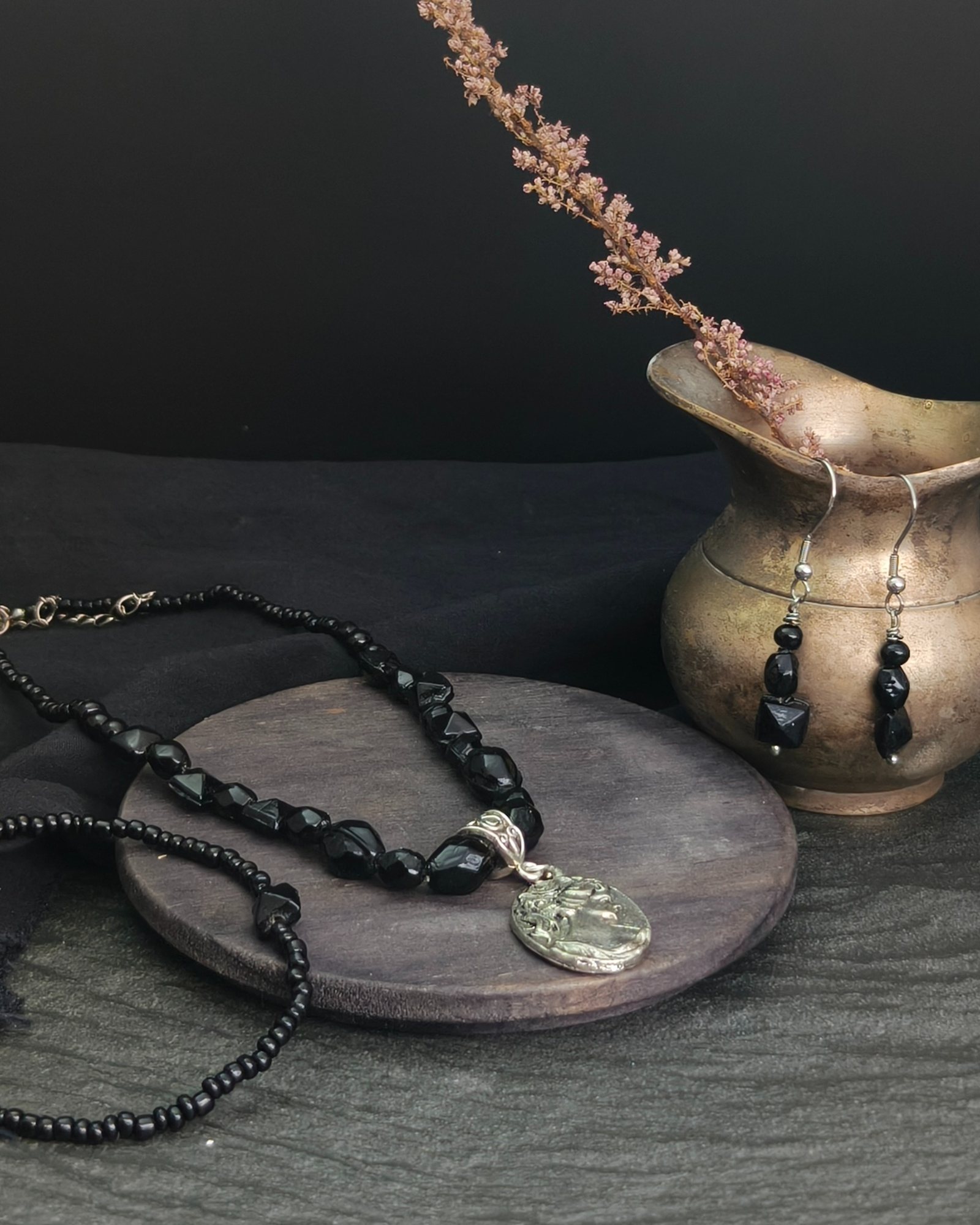 Black upcycled set with medallion - necklace, bracelet, and earrings