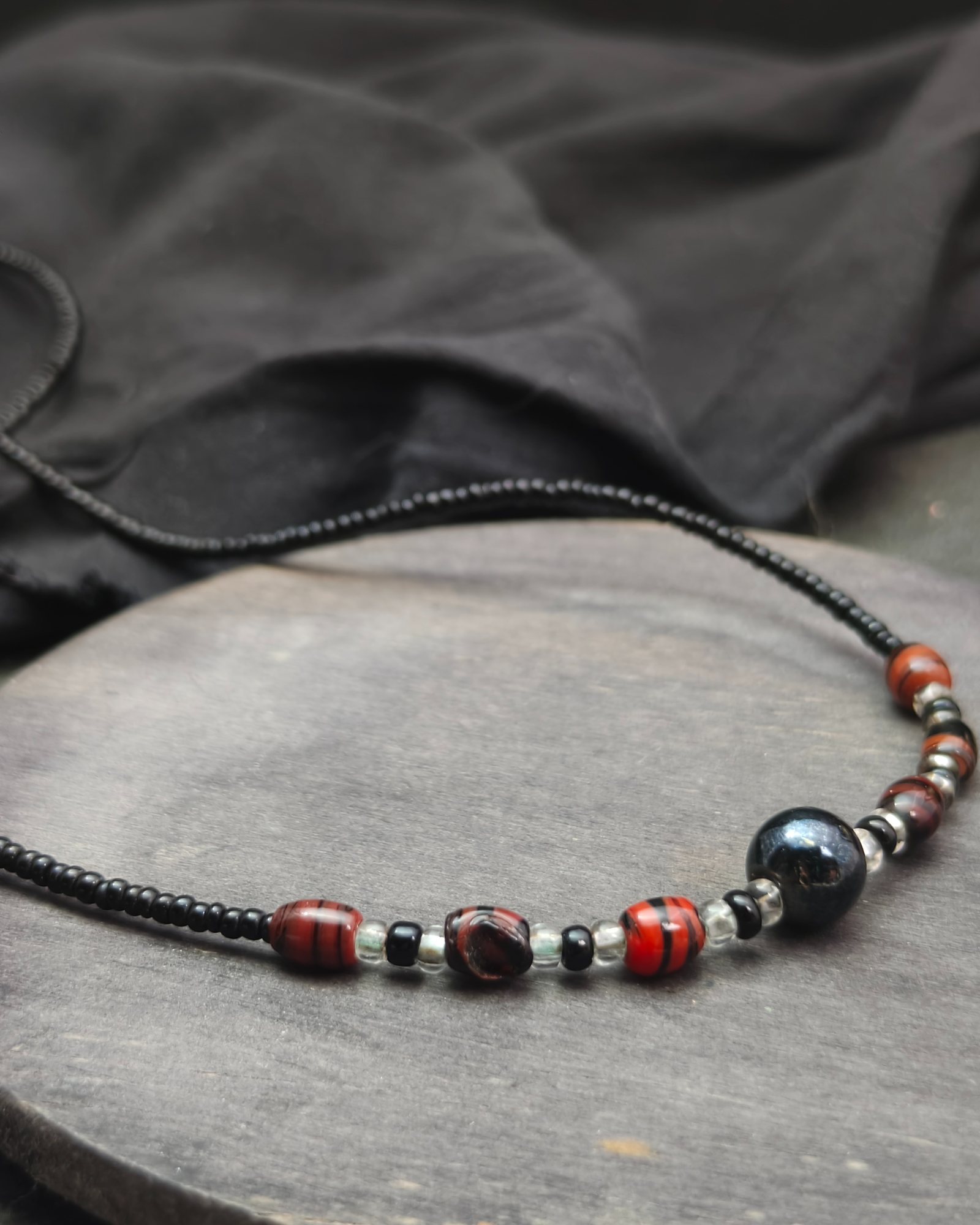 Black seed bead necklace with jasper crystal beads (alternate view)