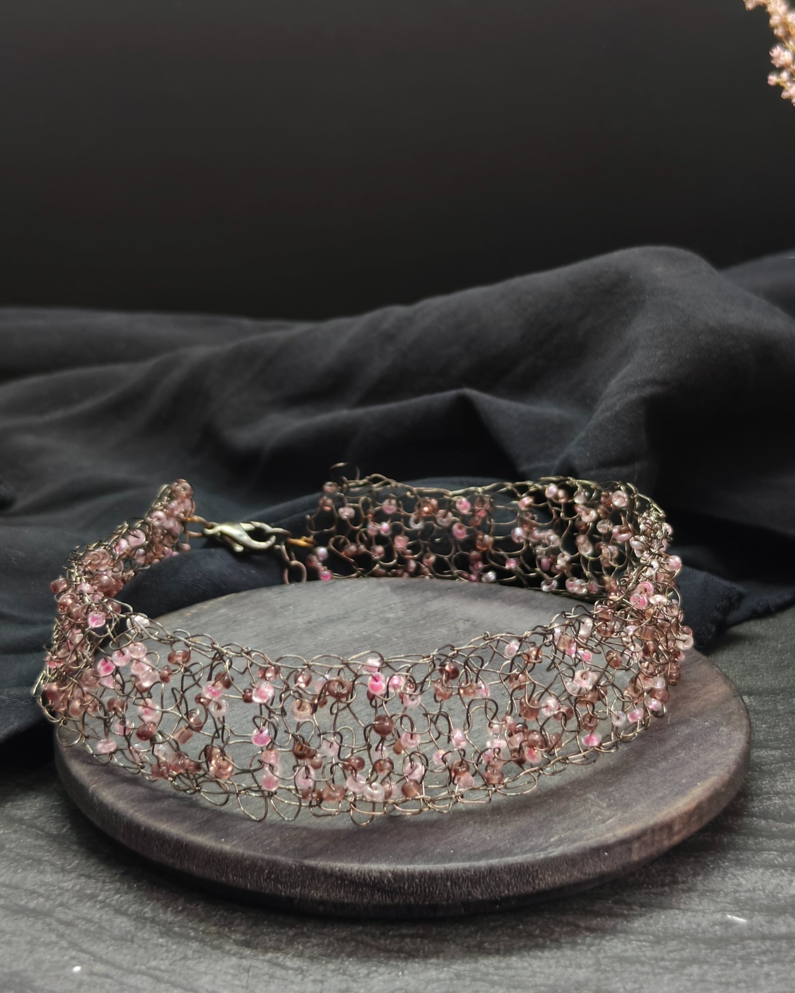 Y2K choker with crystal beads on a metal grid