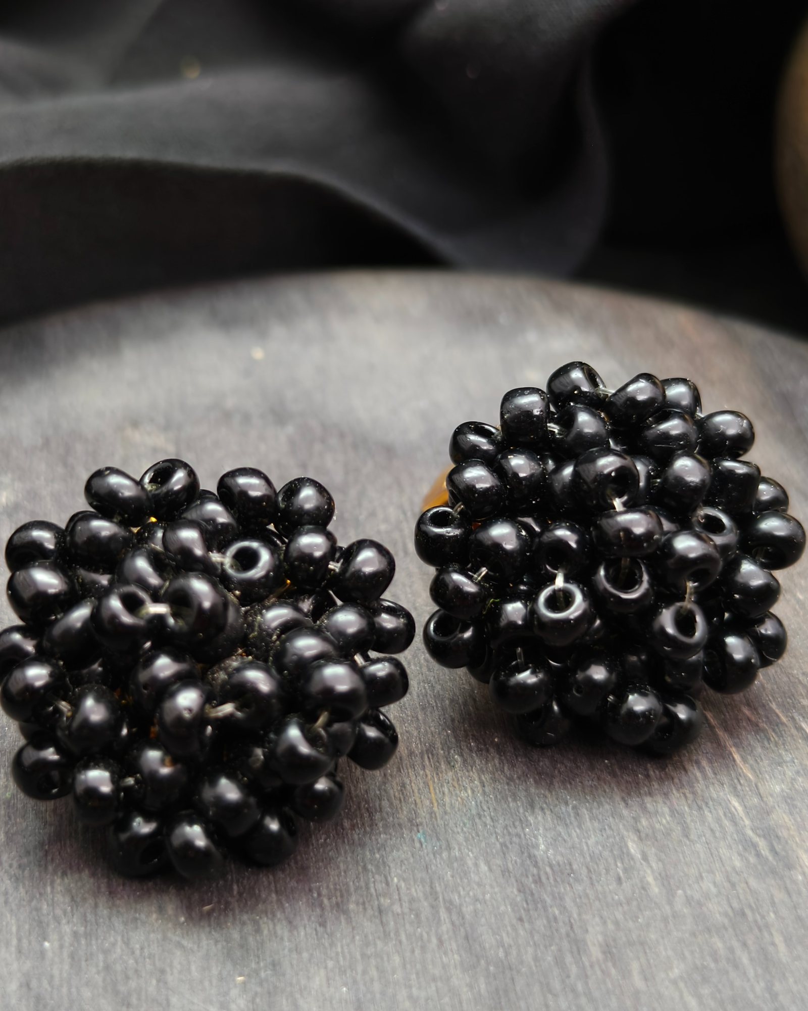 Vintage clip-on earrings with black seed bead clusters – 1950s/60s (alternate view)