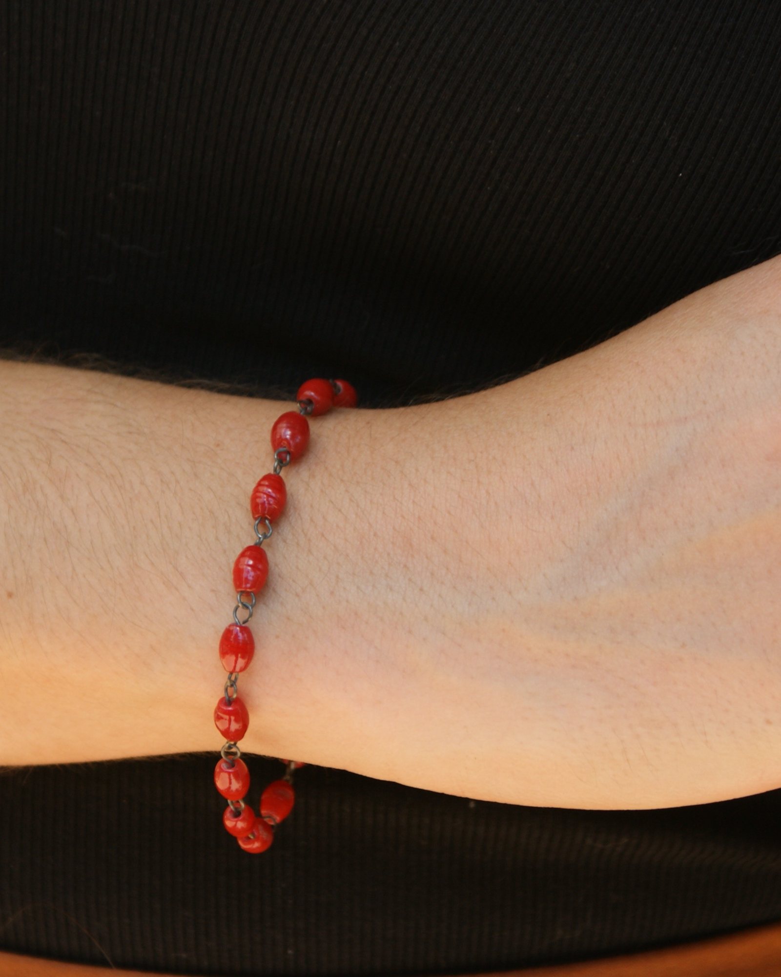 Vintage red glazed ceramic bead bracelet (alternate view)